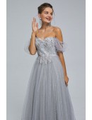 Elegant Grey A Line Maxi Sequin Prom Dress Off Shoulder