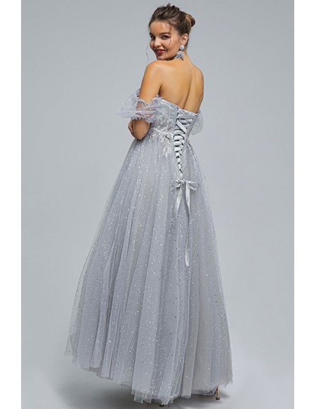 Elegant Grey A Line Maxi Sequin Prom Dress Off Shoulder
