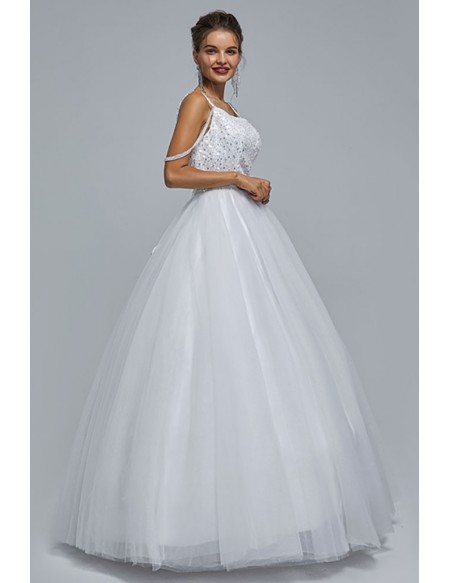 Beautiful White Tulle Ball Gown Wedding Party Dress with Sequin Top