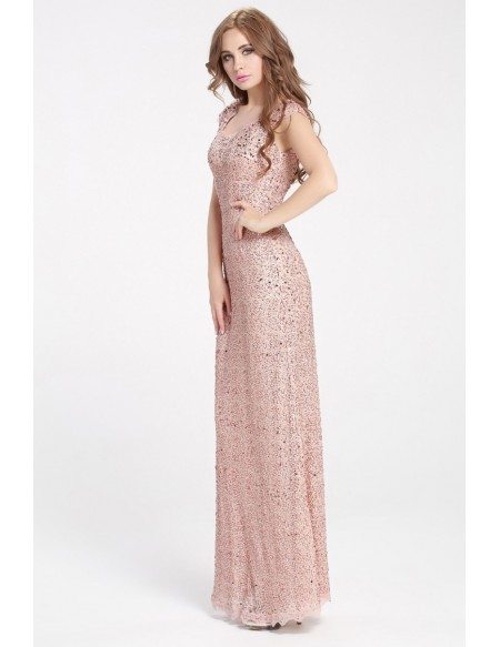 Long Pink Sparkly Sequins Pageant Dress with Cap Sleeves