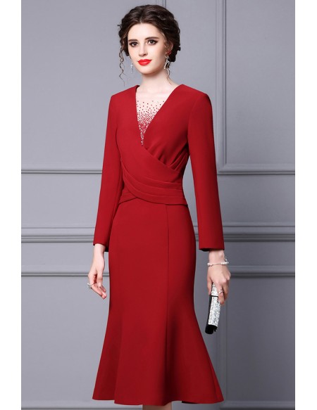 Elegant Burgundy Knee Length Fishtail Party Dress with Long Sleeves