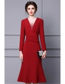 Elegant Burgundy Knee Length Fishtail Party Dress with Long Sleeves
