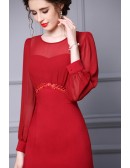 Classy Long Sleeved Red Sheath Party Dress