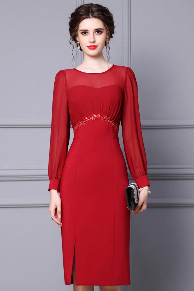 Classy Long Sleeved Red Sheath Party Dress #ZT003 - GemGrace.com