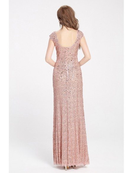 Long Pink Sparkly Sequins Pageant Dress with Cap Sleeves