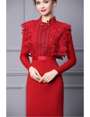 Classy Red Sheath Party Dress with Lace Long Sleeves