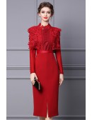 Classy Red Sheath Party Dress with Lace Long Sleeves