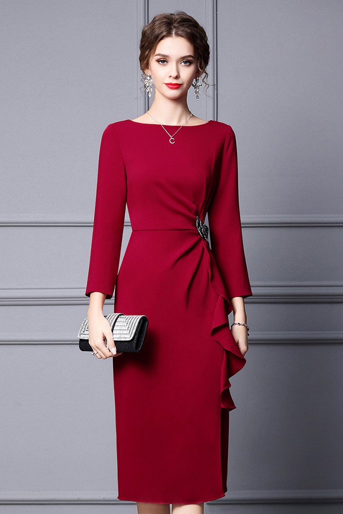 Elegant Ruffled Sheath Party Dress with Sleeves #ZT006 - GemGrace.com