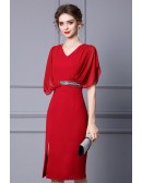 Elegant Red Vneck Sheath Party Dress with Dolman Sleeves