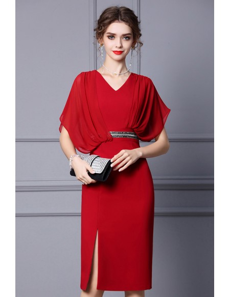 Elegant Red Vneck Sheath Party Dress with Dolman Sleeves