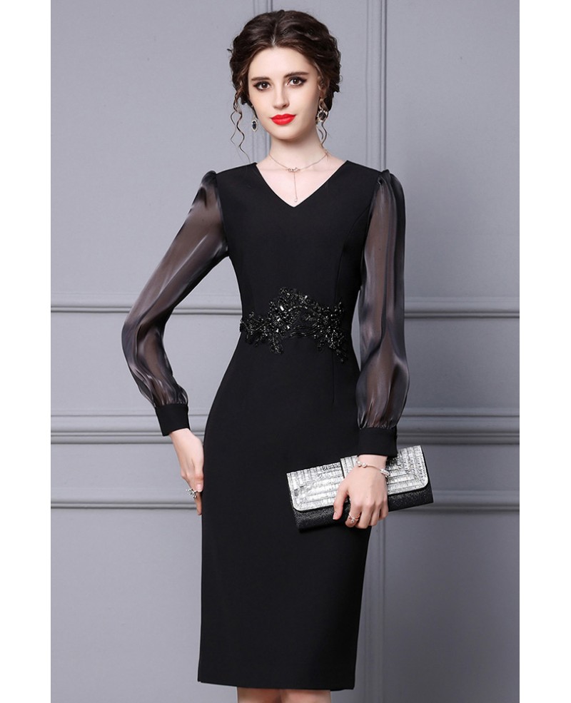 Elegant Little Black Sheath Party Dress with Sheer Long Sleeves #ZT009 ...