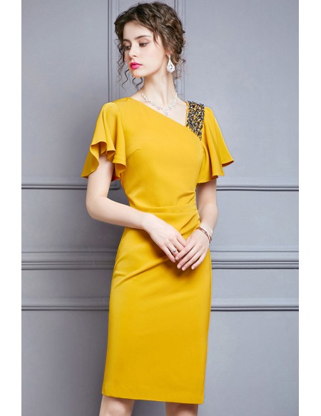 Elegant Yellow Sheath Summer Party Dress Beaded with Puffy Sleeves