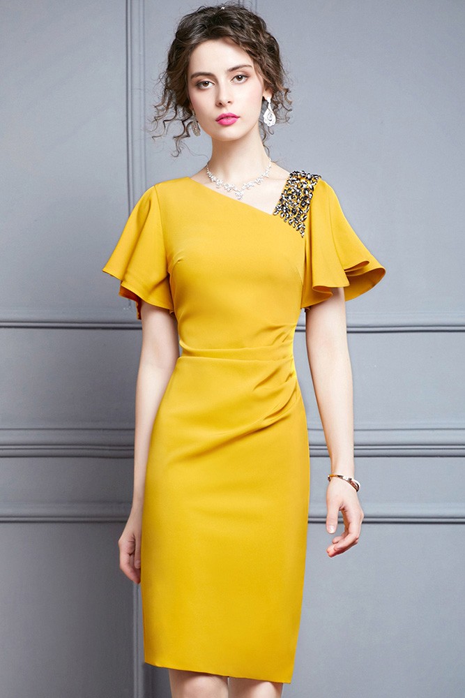 Zurich Yellow Sheath Dress with Sleeves