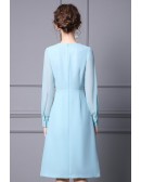 Pretty Blue Knee Length Party Pleated Dress with Long Sleeves