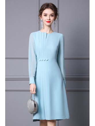 Pretty Blue Knee Length Party Pleated Dress with Long Sleeves