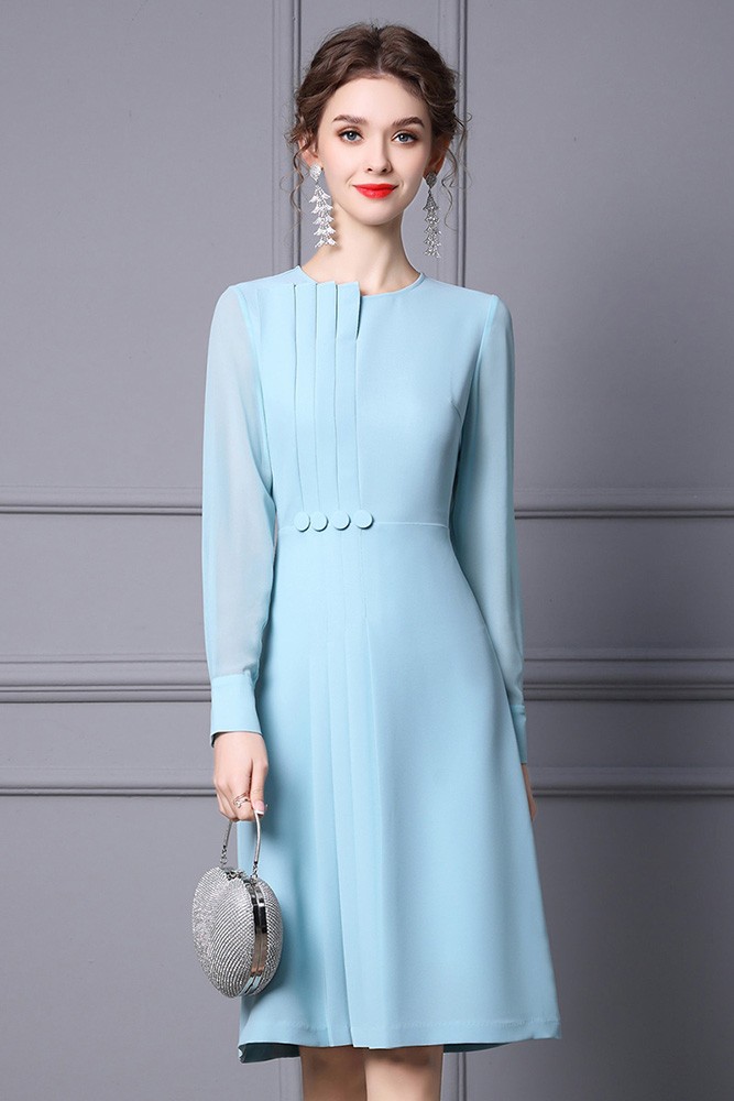 Pretty Blue Knee Length Party Pleated Dress with Long Sleeves #ZT014 -  GemGrace.com