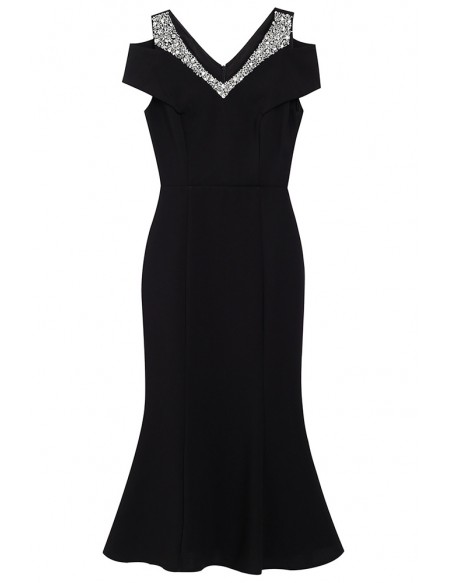 Gorgeous Little Black Fishtail Party Dress with Beaded Cold Shoulder