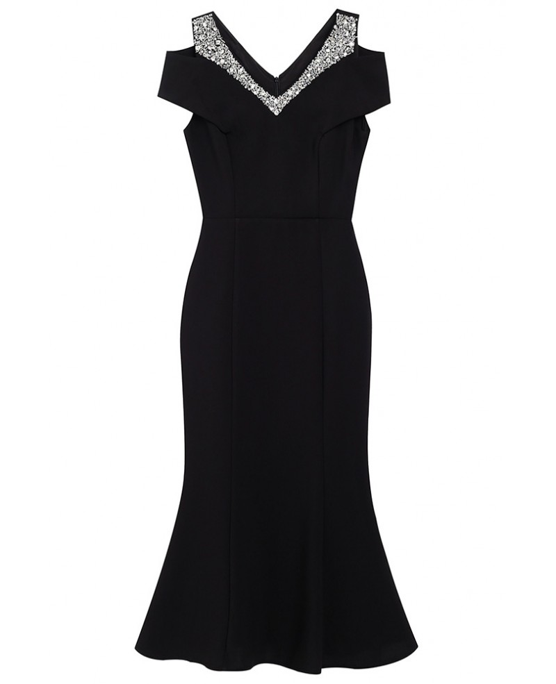 Gorgeous Little Black Fishtail Party Dress with Beaded Cold Shoulder # ...