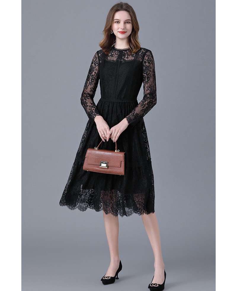 L-5XL Retro Little Black Lace Dress with Sheer Sleeves #ZTY029 ...