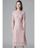 L-5XL Plus Size Gorgeous Pink Lace Midi Dress with Sleeves