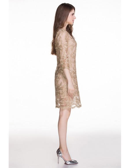 L-5XL Plus Size Gold Embroidered Short Party Dress with Sleeves