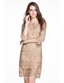 L-5XL Plus Size Gold Embroidered Short Party Dress with Sleeves