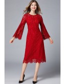 L-5XL Burgundy Plus Size Lace Dress with Flare Sleeves