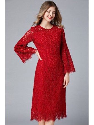 L-5XL Burgundy Plus Size Lace Dress with Flare Sleeves