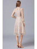 L-5XL Lovely Embroidered Knee Length Tulle Party Dress with Long Sleeves