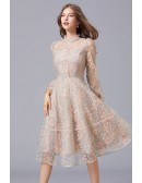L-5XL Lovely Embroidered Knee Length Tulle Party Dress with Long Sleeves