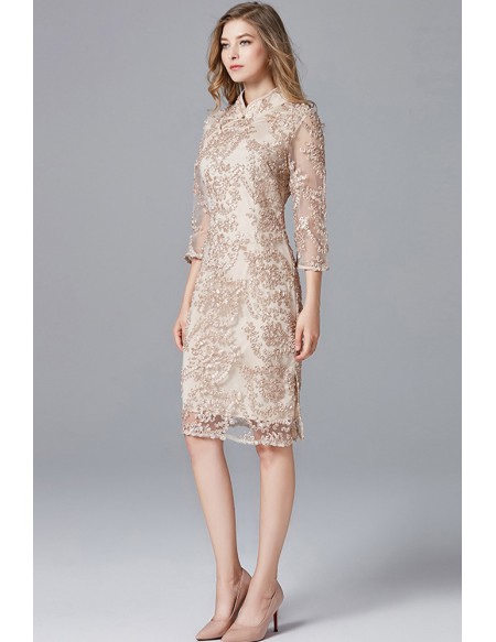 L-5XL Champagne Lace Cocktail Dress with Sleeves