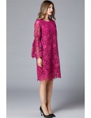 L-5XL Women Hot Pink Lace Dress with Flare Sleeves
