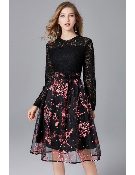 L-5XL Pretty Aline Black Lace Flowers Party Dress with Long Sleeves