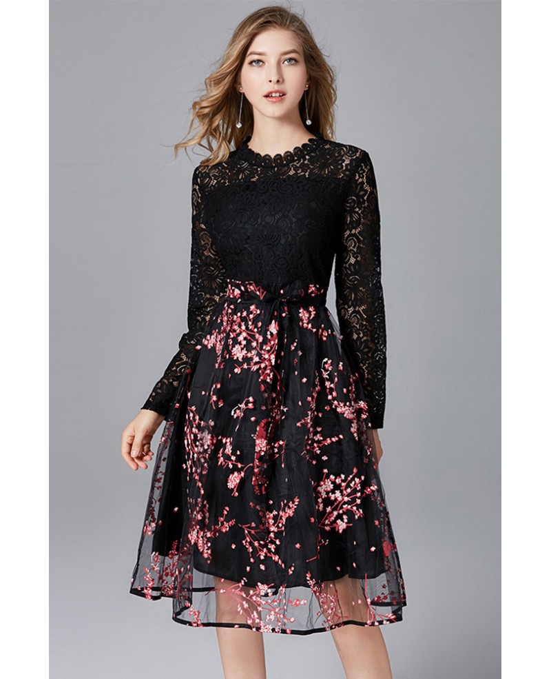 L-5XL Pretty Aline Black Lace Flowers Party Dress with Long Sleeves # ...