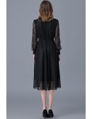L-5XL Aline Black Lace Tea Length Dress with Long Sleeves