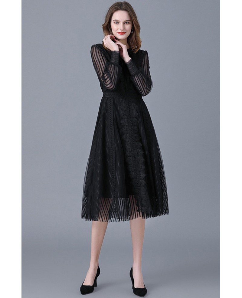 L-5XL Aline Black Lace Tea Length Dress with Long Sleeves #ZTY049 ...