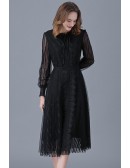 L-5XL Aline Black Lace Tea Length Dress with Long Sleeves