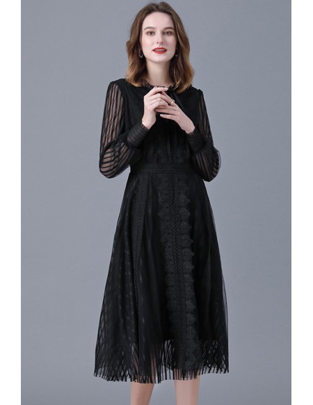L-5XL Aline Black Lace Tea Length Dress with Long Sleeves #ZTY049 ...