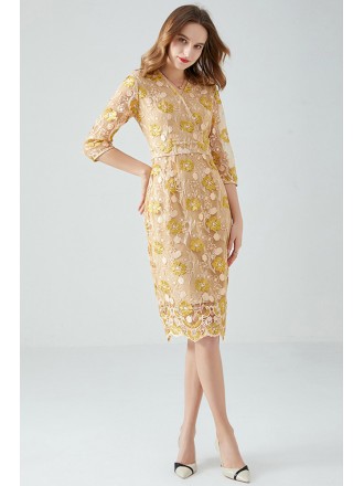 L-5XL Gold Embroidered Sheath Party Dress with Half Sleeves