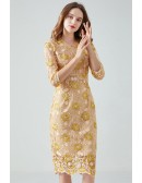 L-5XL Gold Embroidered Sheath Party Dress with Half Sleeves