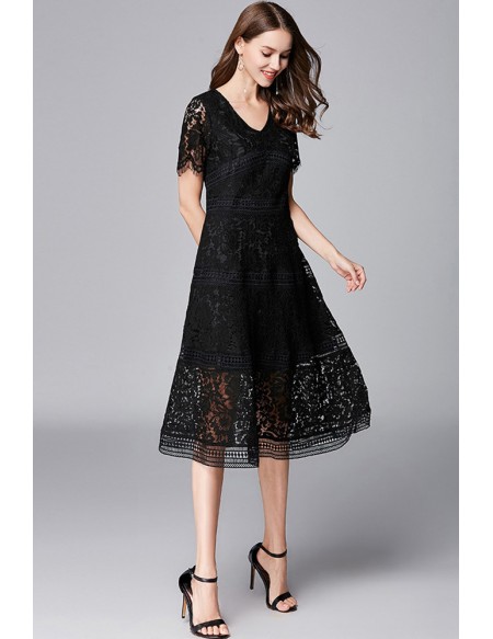L-5XL Women Aline Lace Tea Length Dress with Sleeves