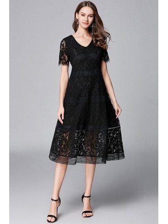 L-5XL Women Aline Lace Tea Length Dress with Sleeves