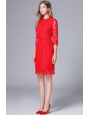 L-5XL Red Lace Short Party Dress with Half Sleeves