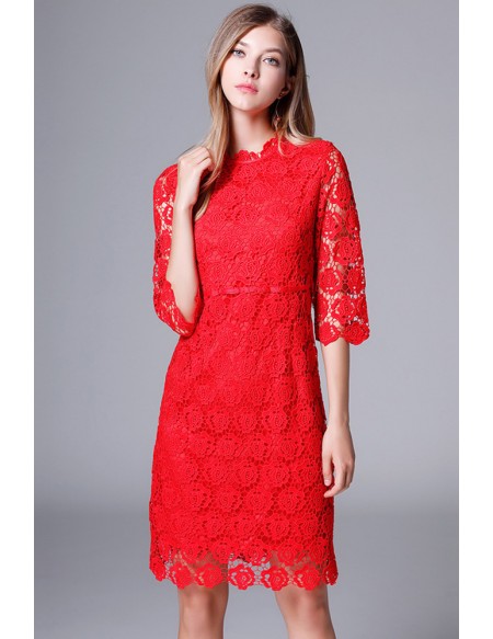 L-5XL Red Lace Short Party Dress with Half Sleeves