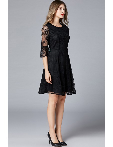 L-5XL Pretty Black Lace Aline Party Dress with Sleeves