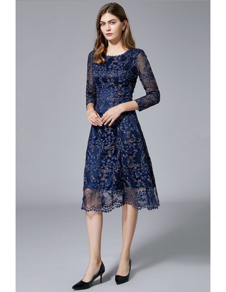 L-5XL Classy Navy Blue Embroidered Party Dress with 3/4 Sleeves