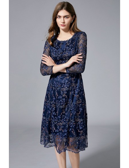 L-5XL Classy Navy Blue Embroidered Party Dress with 3/4 Sleeves