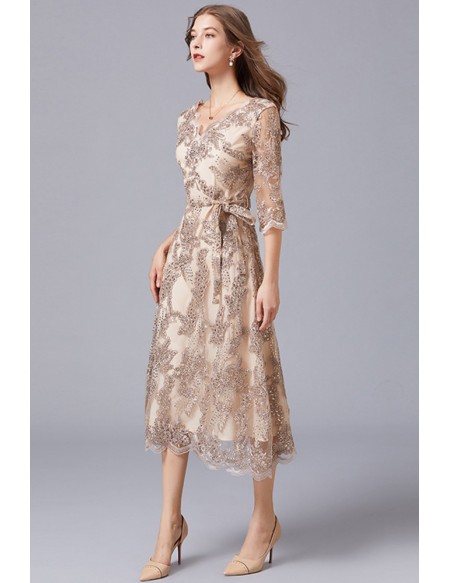 L-5XL Embroidered Tea Length Wedding Guest Dress with Half Sleeves