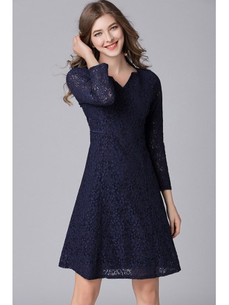 L-5XL Comfy Navy Blue Lace Wedding Guest Dress with Long Sleeves