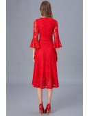 L-5XL Comfy Red Lace Dress Plus Size with Flare Sleeves